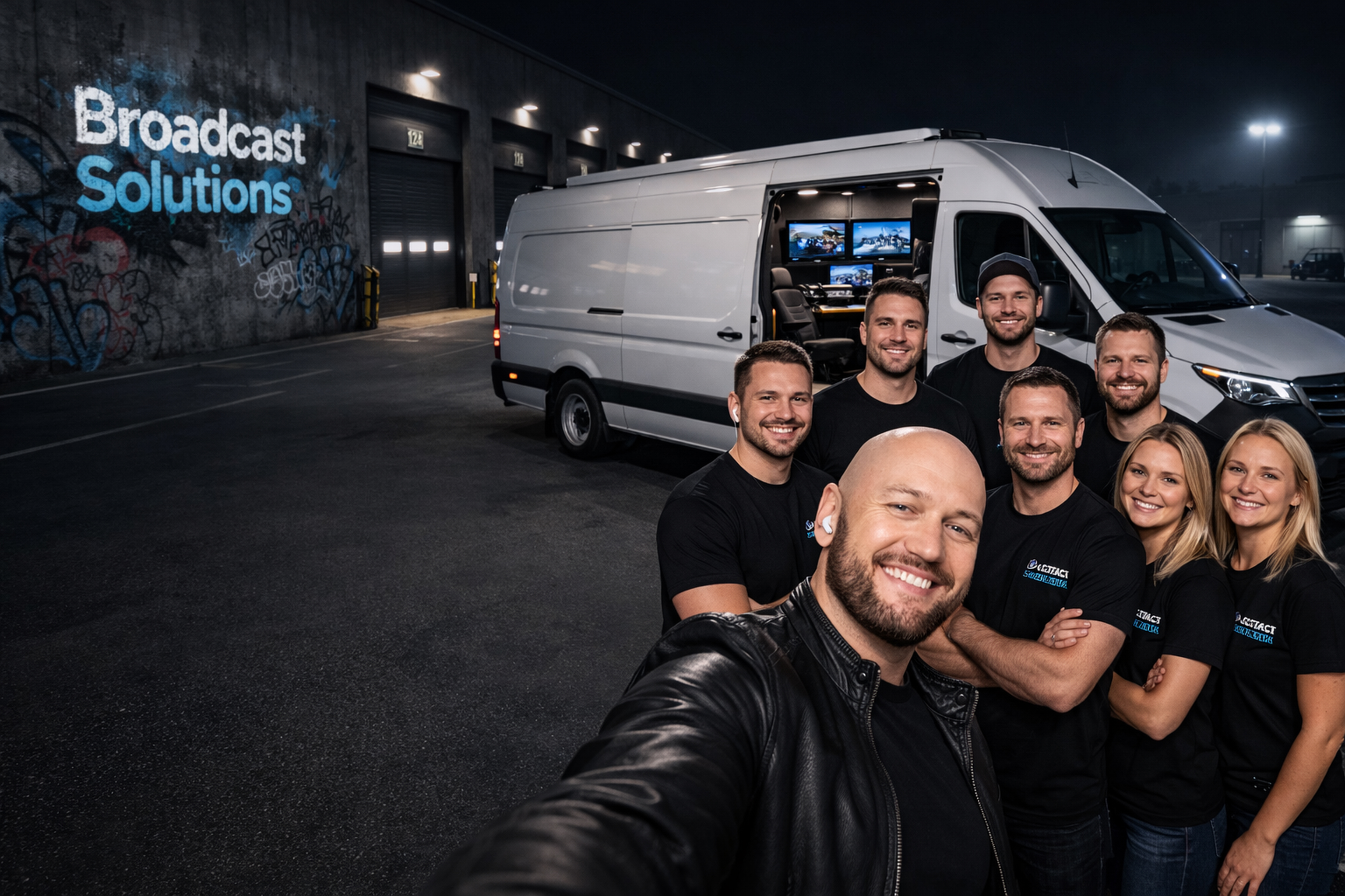 Broadcast Solutions team standing in front of an OB van at night